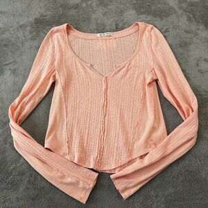 Free People We The Free Eyes On You Pointelle Shirt LARGE Pink Top Blouse
